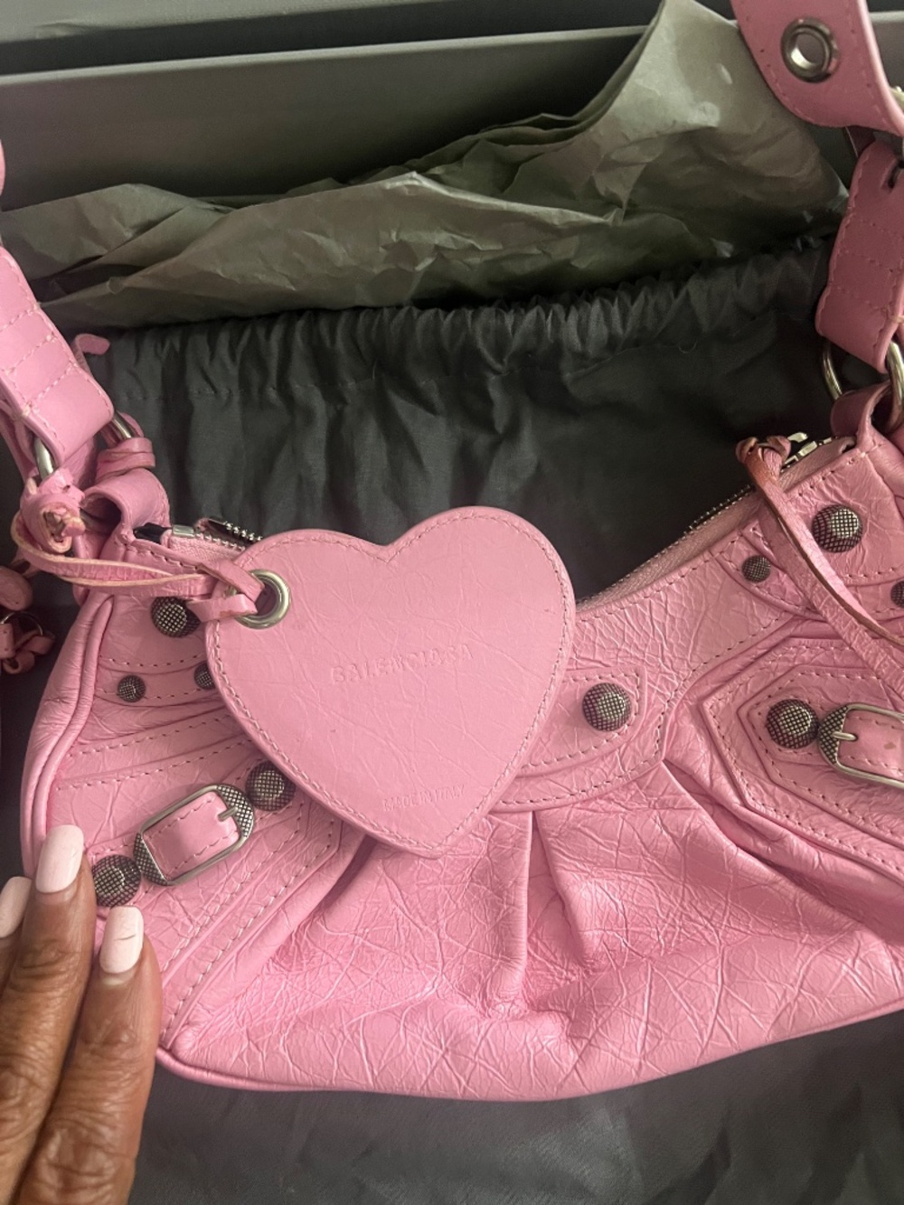 Balenciaga Pink Leather Studded Shoulder Bag with Heart Mirror Charm - Picture 2 of 10